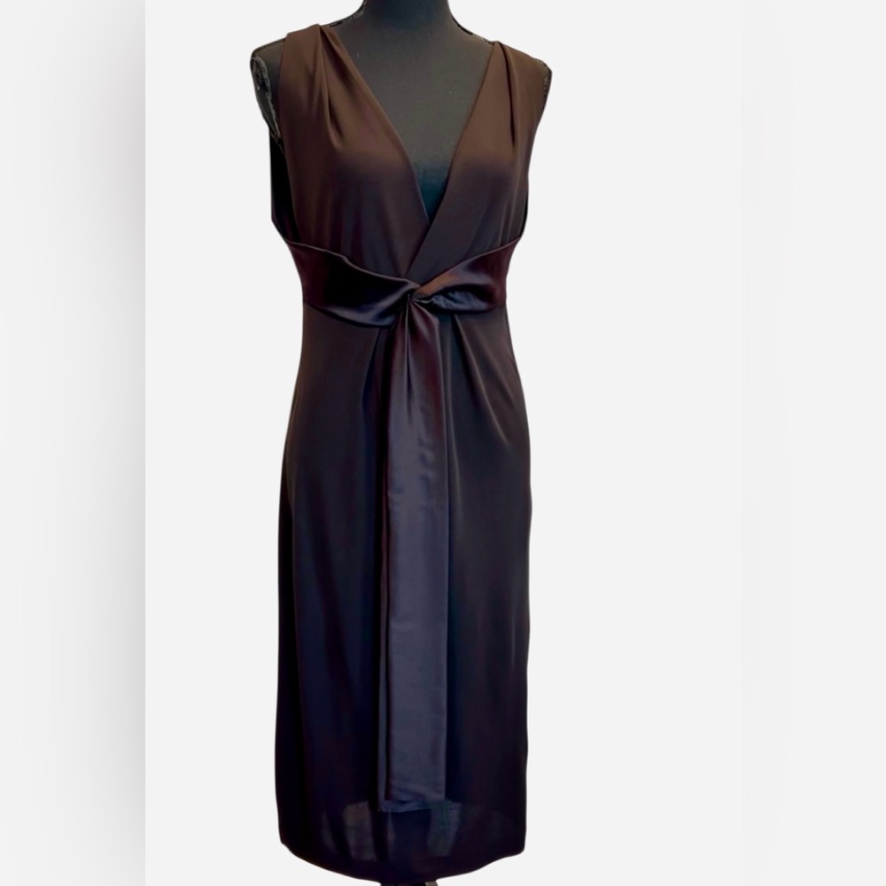 Rozae Nichols Chocolate Brown silk sleeveless V-neck midi dress Sz M formal